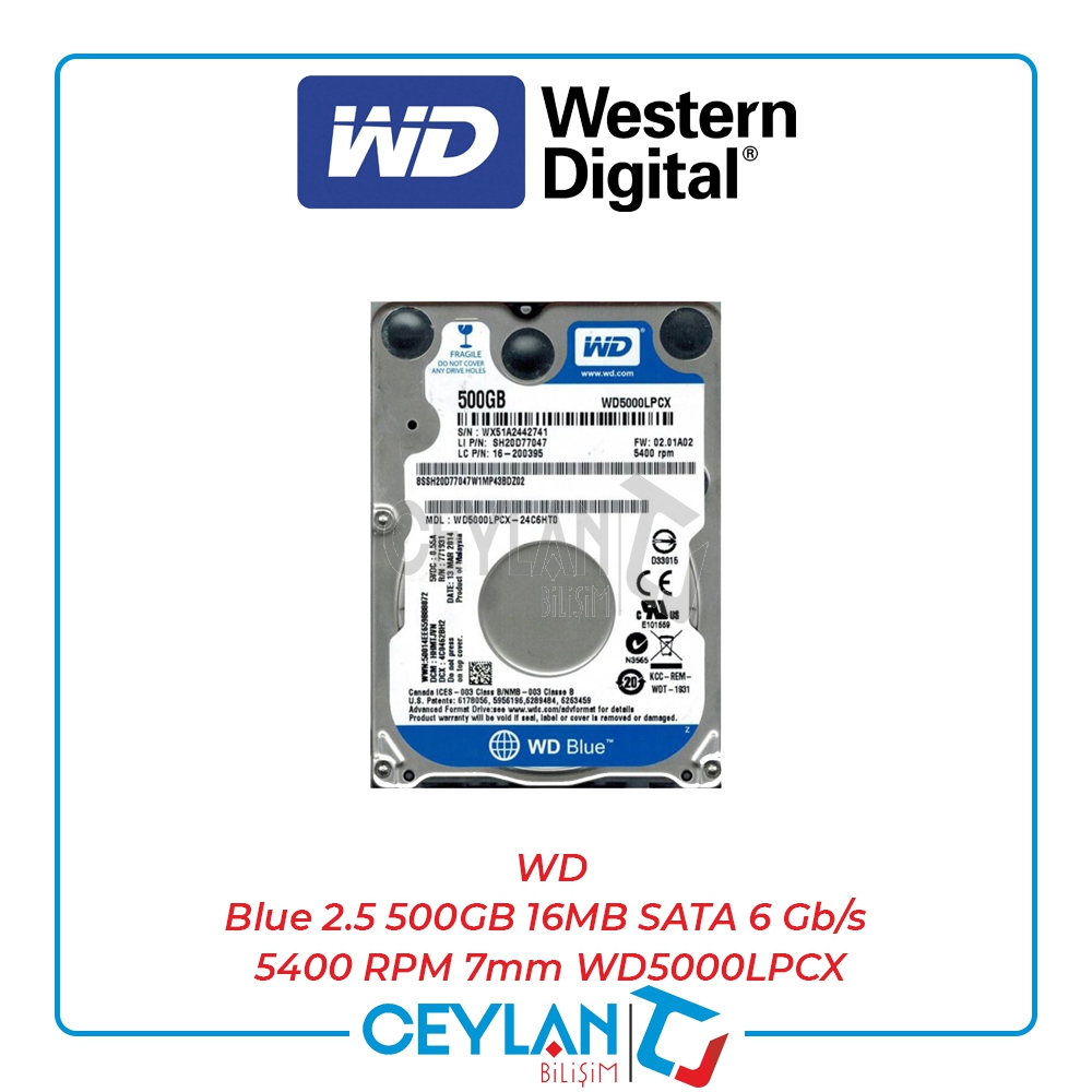 WD Blue 2.5 500GB 16MB SATA 6 Gb/s 5400 RPM 7mm WD5000LPCX